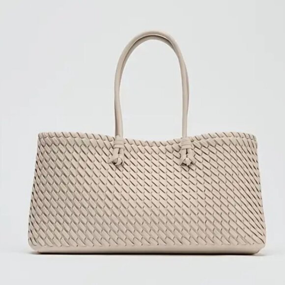*New* Cream Beige Woven East-West Style Shoulder HandBag Work Travel Going Out - Picture 2 of 4